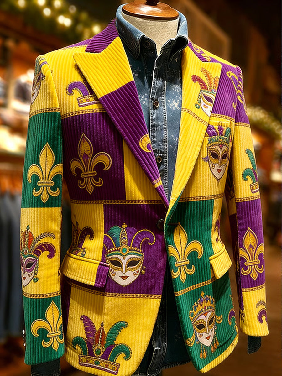 Men's Retro Mardi Gras Art Print Casual Corduroy Pocket Blazers